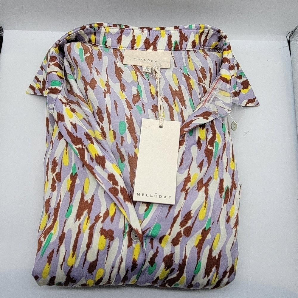 MELLODAY Puff Sleeve Satin Shirtdress Small Maxi Dress Button Down Purple Green - Picture 14 of 14